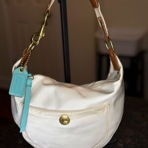 Coach Nylon Cream and Tan Hobo Bag with Gold Accents